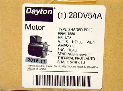 Dayton#28DV54A Shaded Pole RPM:1550 HP:1/25 V:115Hz: 60 PH:1 1.5 Amp • $24.57