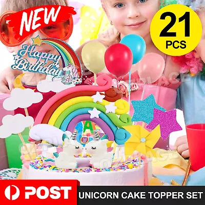 Unicorn Cake Topper Kit Cloud Rainbow Happy Birthday Banner Decoration 21Pcs/Set • $12.45