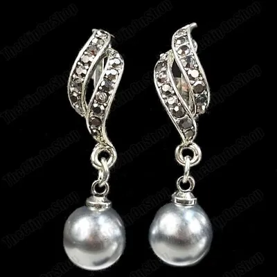 CLIP ON Marcasite TWIST PEARL&CRYSTAL EARRINGS Black/grey/silver VINTAGE STYLE • £3.99