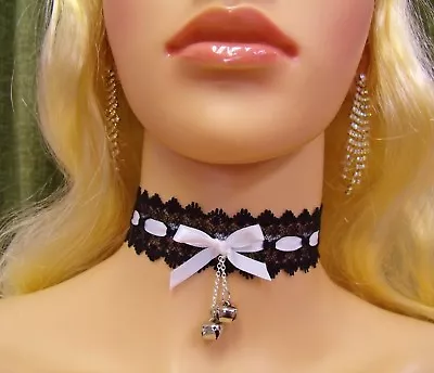 Any Size Choker Black White Lace Sissy Bells BDSM DDLG French Maid Kitten Lolita • $16.33