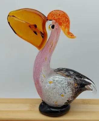 Art Glass Pelican Bird Sculpture W/ Fish In Mouth 7  Inches Tall Murano Style • $29.74
