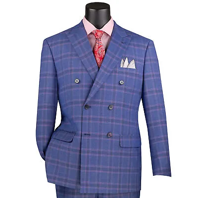 VINCI Men's Blue Glen Plaid Stretch Double Breasted Modern-Fit Suit - NEW • $115
