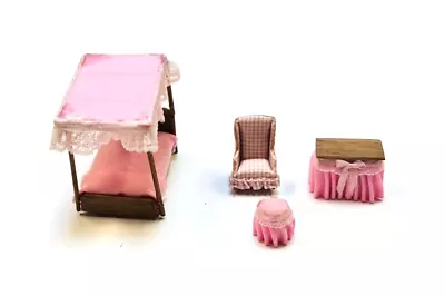 Dollhouse Miniature Bedroom Furniture Set Bed Vanity W/Stool & Chair 1:48 Pink • $35