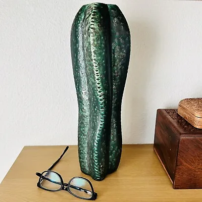 Ceramic Cactus Vase Tall Green Sculptured Textured 14.75  • $65
