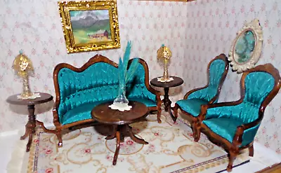 Dollhouse Miniature Victorian Parlor Suite Teal Color Sofa & Chairs W/Fireplace • $68.50