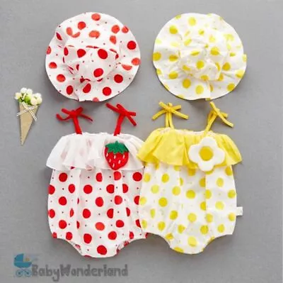 Baby Girl 2 Pieces Strawberry Egg Cotton Romper + Sun Hat Set Clothes Size 0-2Yr • $21.95
