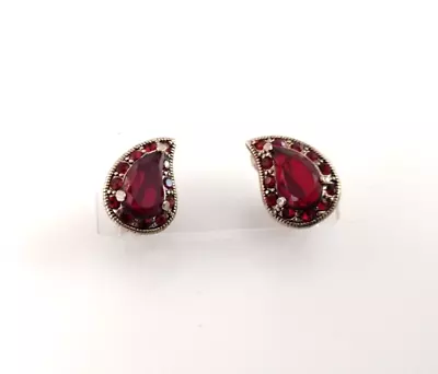 MONET Gold Tone Red Crystal Teardrop Small Clip On Earrings • $13