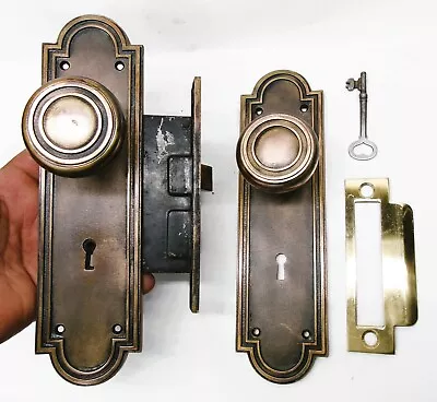 Antique Door Set Victorian / Eastlake Backplate Knob Mortise Lock Key Reclaimed • $139.99