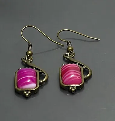 Vintage Solid Copper & Pink Madagascar Agate Gemstone Dangle Earrings 1 3/4” • $45