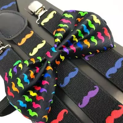 Rainbow Mustache Suspender And Bow Tie Set Adults Wedding Formal Men Women (USA) • $9.99