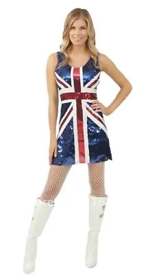 Blue Union Jack England Bling Sequinned Ladies Fancy Dress Costume Size 10-12 Uk • £19.95