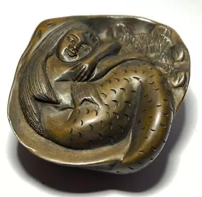 Antique Japanese Wooden Netsuke Of A Mermaid With Inscription 52mm X 54mm • £82.04