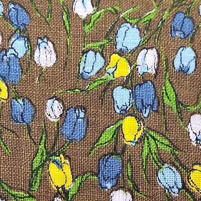 Vintage Linen Upholstery Fabric Green Blue Yellow White Tulips 44  Wide 2.5 Yard • $39.99