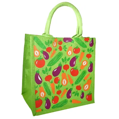 Jute Shopping Bag In Green With Vegetables Pattern Eco Shopper Handmade In India • £11.95