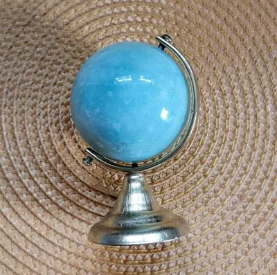 VTG Mini Marble Globe Paperweight Desktop Decor Blue Aqua Spinning Metal Marble • $12.63