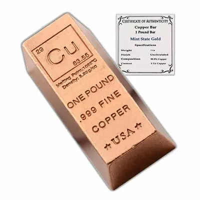 1 Pound Copper Bar Ingot Pure Chemistry Paperweight Certificate Of Authenticity • $22.95