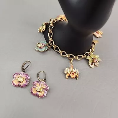 Nolin Miller 6 Flower Charm Bracelet Pierced Earrings Set Vtg Multicolor • $49.99