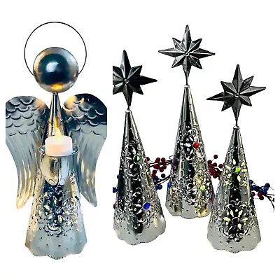 Mexican Punched Tin LG Angel + (3) Tabletop Trees With Stars SET Mexican Xmas • $77.99