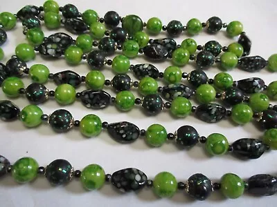 Antique 54 Inch LONG  Green MILLEFIORI & Green Foil Fleck GLASS Beaded Necklace • $31.99