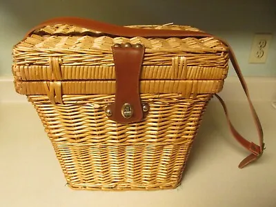 Vintage Wicker Wine Carrier Picnic Basket W/shoulder Strap & Wine-glass Holders! • $9.95