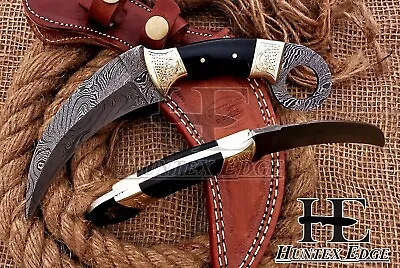 HUNTEX Handmade Damascus Blade Buffalo Horn HDL Full-Tang 230mm Karambit Knife • $139.45