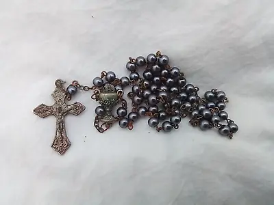 17  Rosary Purple Metal Beads Vintage Chalice Eucharist Roman Catholic Crucifix • $19