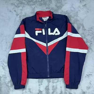 FILA Jacket Mens Medium Blue Spell Out Full Zip Wind Breaker Lightweight • $39.99