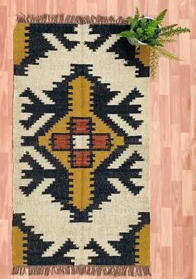 Rectangle Rug Kilim Vintage Wool Jute Area Accent Hallway Oriental Rug Runner • $312.24