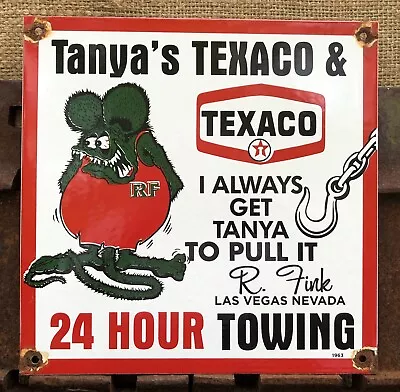 Vintage 1963 Dated Tanya’s Texaco Porcelain Sign Rowing Rat Fink Gas Oil • $21.50