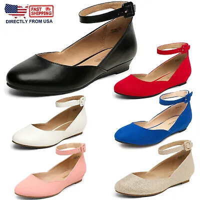 Women Flat Shoes Round Toe Ankle Strap Ballet Flat Comfort Slip On Casual Shoes • $31.99