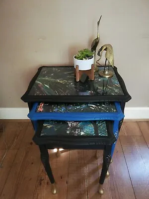 £95 • Buy Refurbished Eclectic Nest Of Three Tables, Black, Blue, Gold, Unique, Glass Tops