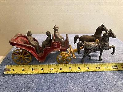 Vintage Stanley Toys Cast Iron Horse Drawn Carriage Red Wagon W/ Driver & Riders • $50