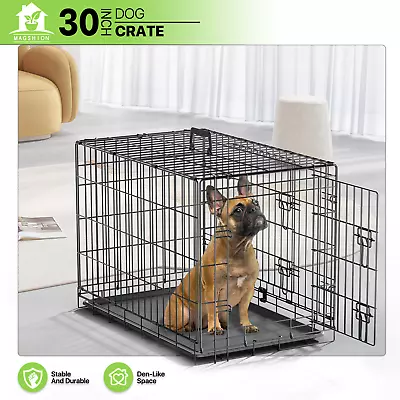 Folding Dog Crate Metal Dog Kennel Heavy Duty Cage W/Slide-out Tray Black+2 Door • $42.99