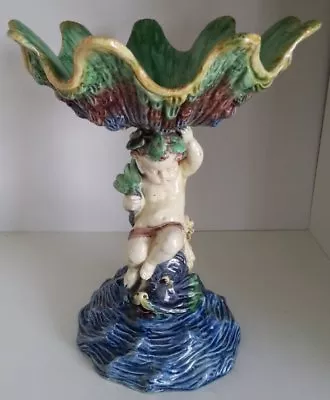 Pretty/Old Majolica Palissy Ware Compote: Putti On Dolphin Supporting Shell • £862.96