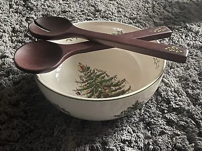 Spode Christmas Tree 24.5 Cm Round Salad Serving Bowl W/wood Servers • £50