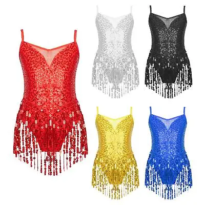 UK Kids Girls Leotard Sequins Tassel Latin Dance Dress Salsa Tango Rumba Costume • £13.48