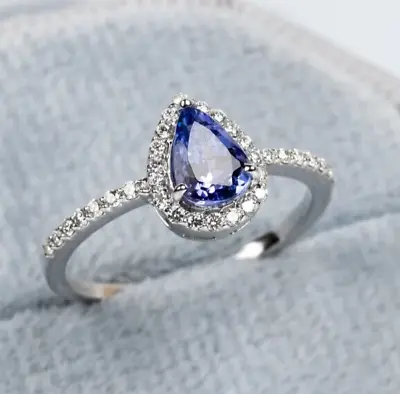 2.2 CTW Pear Cut Natural Tanzanite Halo Engagement Ring 14K White Gold Plated • £134.22