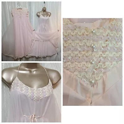 VTG M L LUCIE ANN Pink Peignoir FANCY Nylon Lace Nightgown HOSTESS Set  TWIRLY  • $159.99