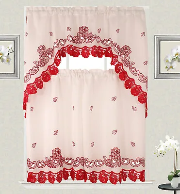 Kathy Macrame Embroidery Design Kitchen Curtain With Swag And Tier Set 36 Inch • $19.97
