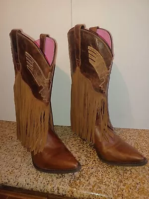 Southern Fried Chics  Hit The Road  Western Brown Fringe Boots Cowgirl Eagle S 9 • $99.99