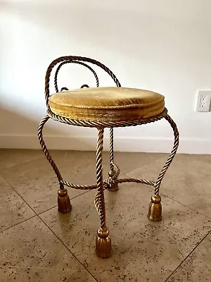 Vintage Hollywood Regency Gilt Brass Tassel & Rope Form Upholstered Vanity Stool • $329