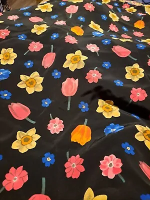 1 1/4 Yds X 56  Wide Polyester Crepe Sewing Fabric Black Floral Tulip Daffodil • $12