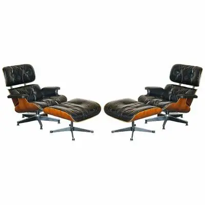 RESTORED PAIR OF 1960 HERMAN MILLER No1 ROSEWOOD EAMES LOUNGE ARMCHAIRS OTTOMANS • £35000