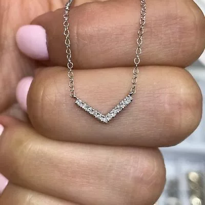 0.04Ct Round Cut Chevron V-Shaped Necklace Solid Birthday Gift Necklace For Her • £90.05