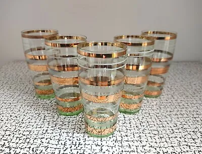 50s 60s Retro Vintage Green & Gold Stripe Drinking Cocktail Glasses MCM • £25