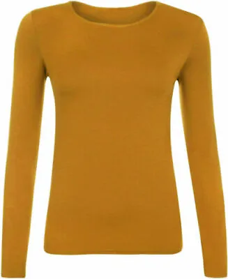 Womens Ladies Long Sleeve Stretch Plain Scoop Neck T Shirt Top Assorted 8-26 • £5.98