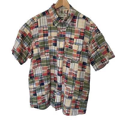 Orvis Shirt Mens XL Madras Plaid Patchwork SHORT SLEEVE Button Down Cotton India • $23.96