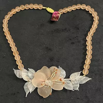 Authentic Murano Peach Frosted Glass Bead Necklace Floral Design • £6.50