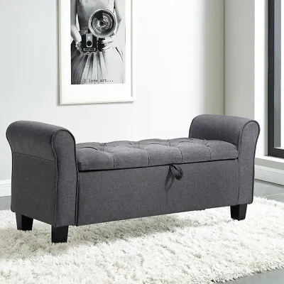 Storage Ottoman Bench W/ Armrest End Of Bed Upholstered Footstool Foot Rest Seat • £109.95