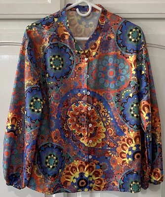 Floral Boho Psychedelic Button Down Shirt W/ Mandarin Collar Women's Size Large • $14